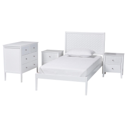 Baxton Studio Lara Twin 4-Piece Bedroom Set - Modern Wood Bed Frame with Matching Nightstands and Dresser, Decorative Laser-Cut Overlay, White